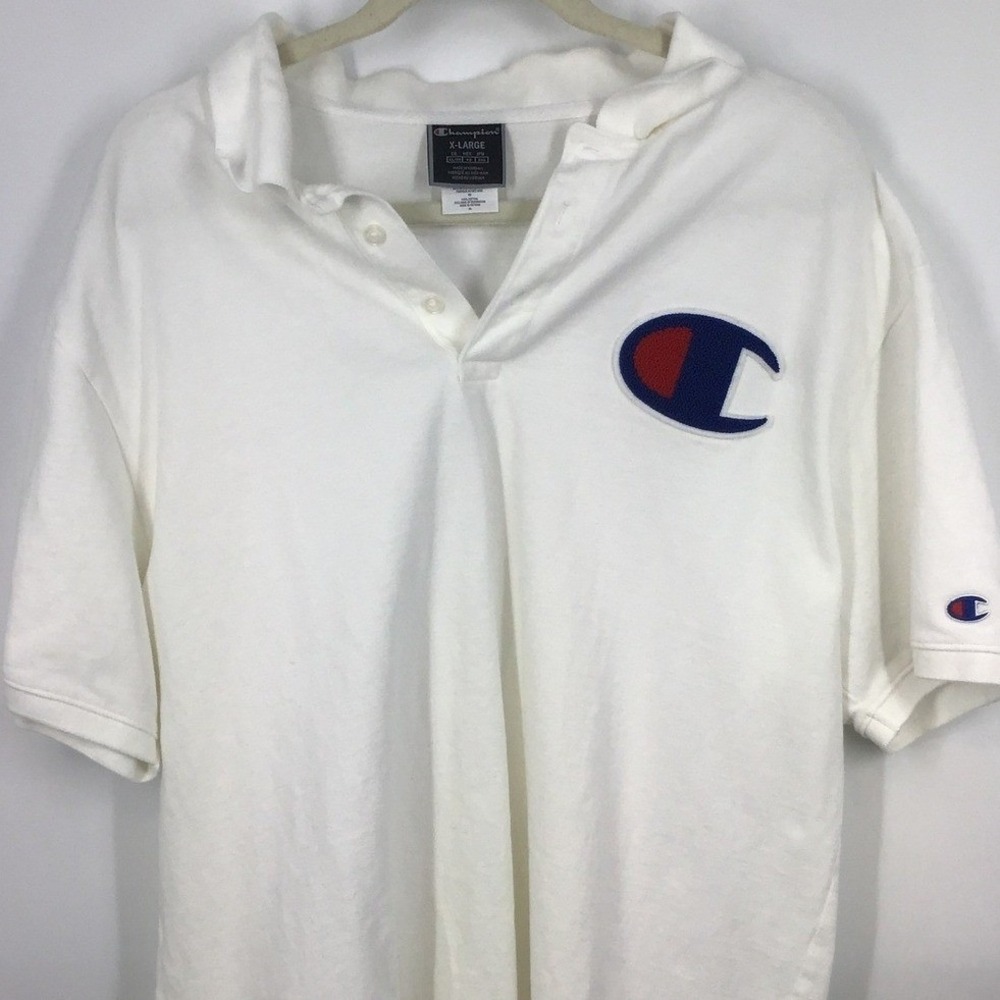 Champion XL White Logo Polo Shirt Big C‎ Pique Chenille Streetwear Athleisure